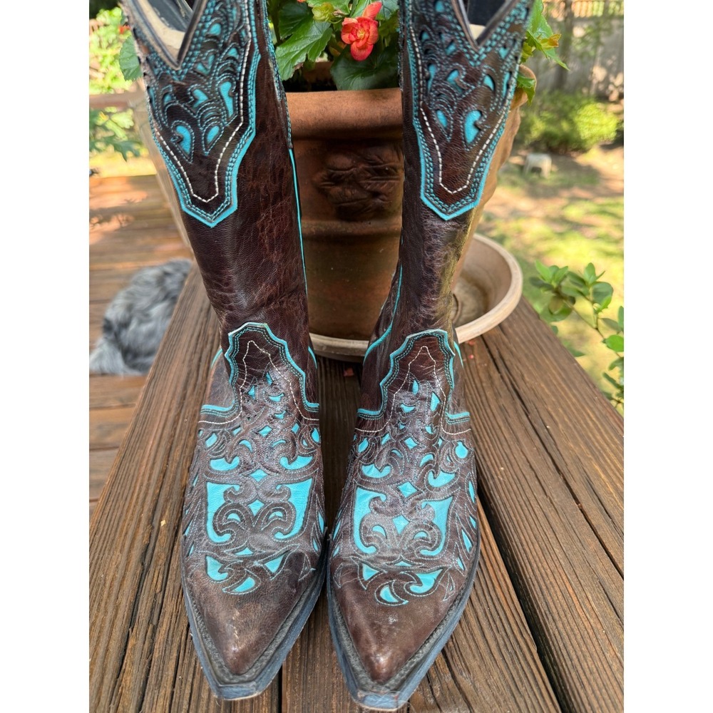 Ariat Brown‎ Turquoise Leather Filigree Western Snip Toe Boots 10008754 8B